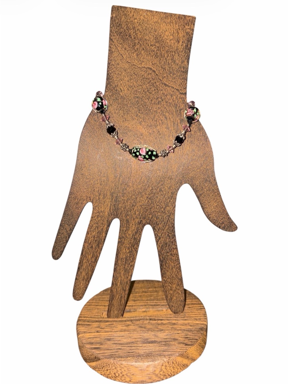Silver Tone Floral Bead Cloisonné Bracelet 7”